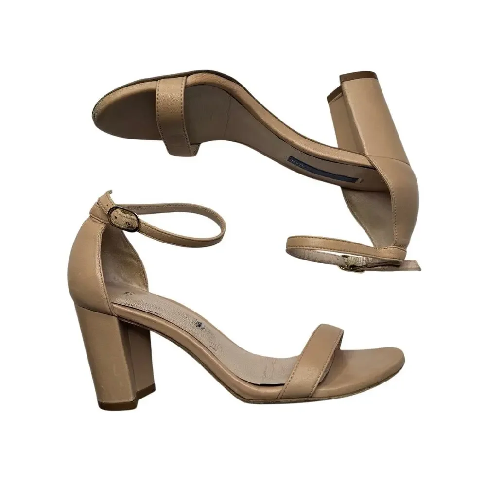 Stuart Weitzman Nude Leather Ankle Strap Block Heel Sandals 6 Flawed